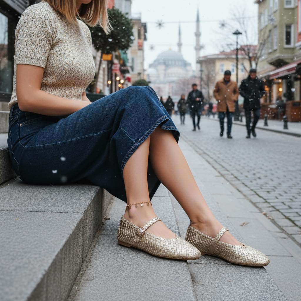 CUSHIONAIRE Bistro Mary Jane Flats for Women, Woven Ballet Flats Shoes with Strap and Memory Foam for All-Day Comfort