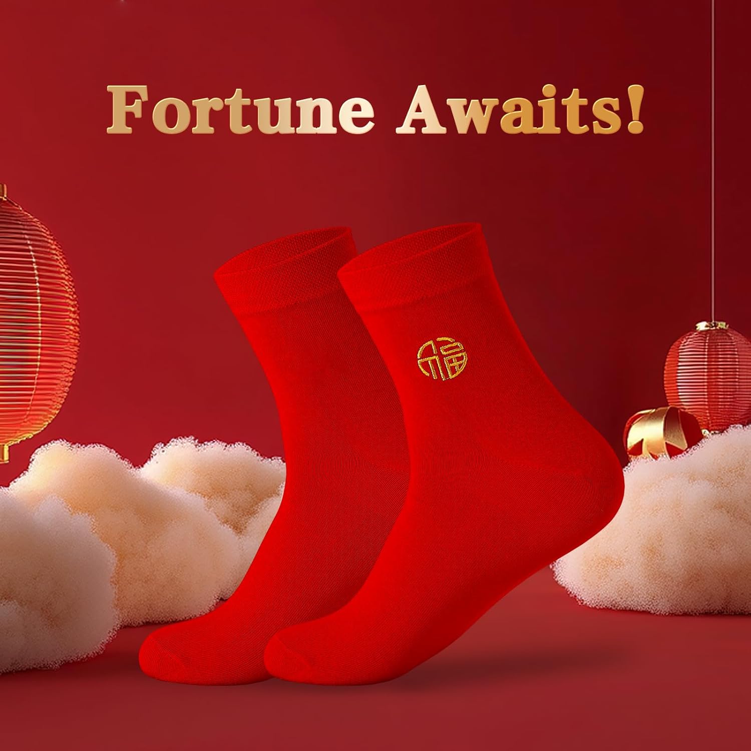 Men's Red Socks Crew Sports Casual Calf Socks, New Year Socks,Size 6-10 or 11-14,Red Embroidery (Fu) (6 Prs) - Image 2