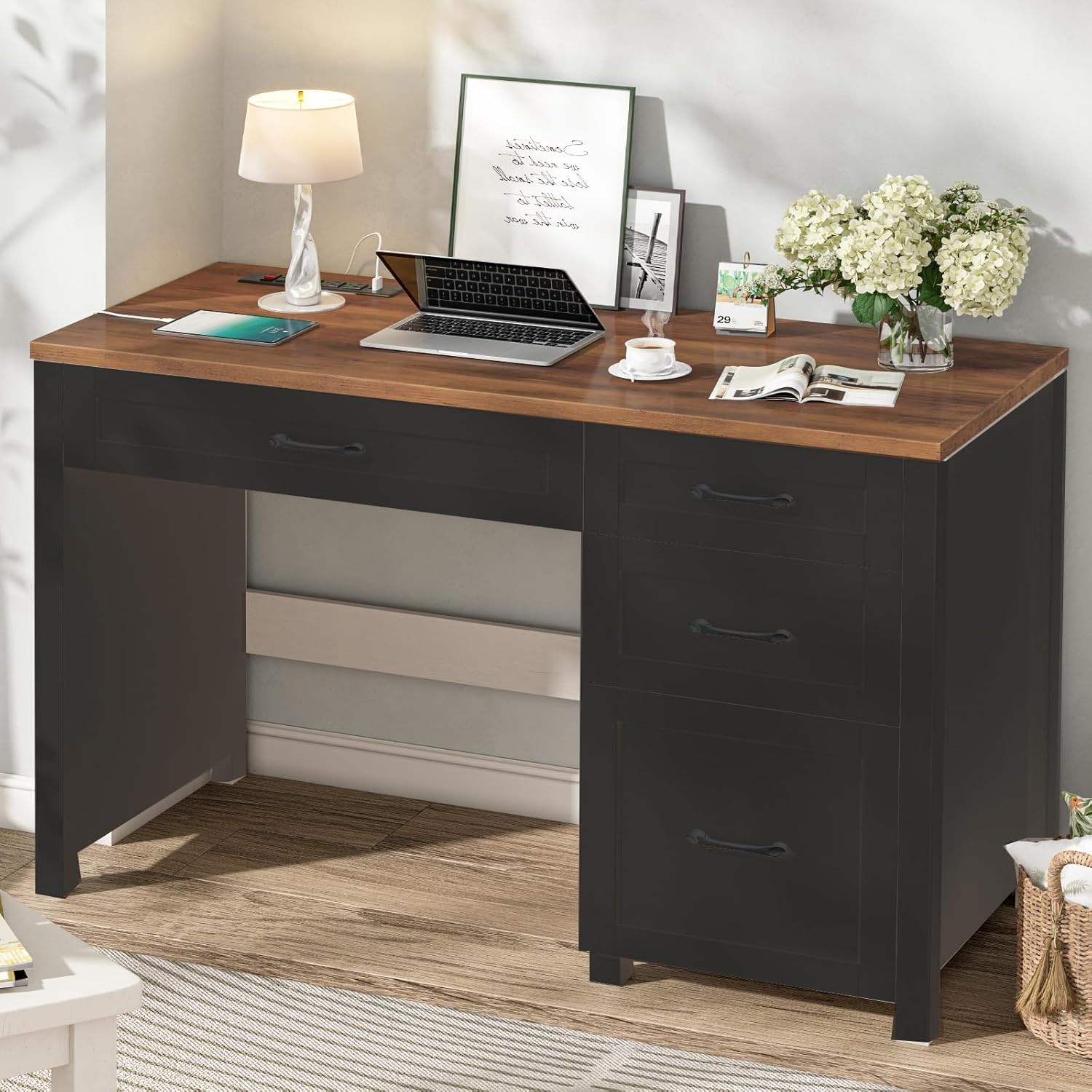 Farmhouse 47" Executive Desk, Computer Desk with File Drawer and Charging Station, Workstation for Home Office, Study.Grey