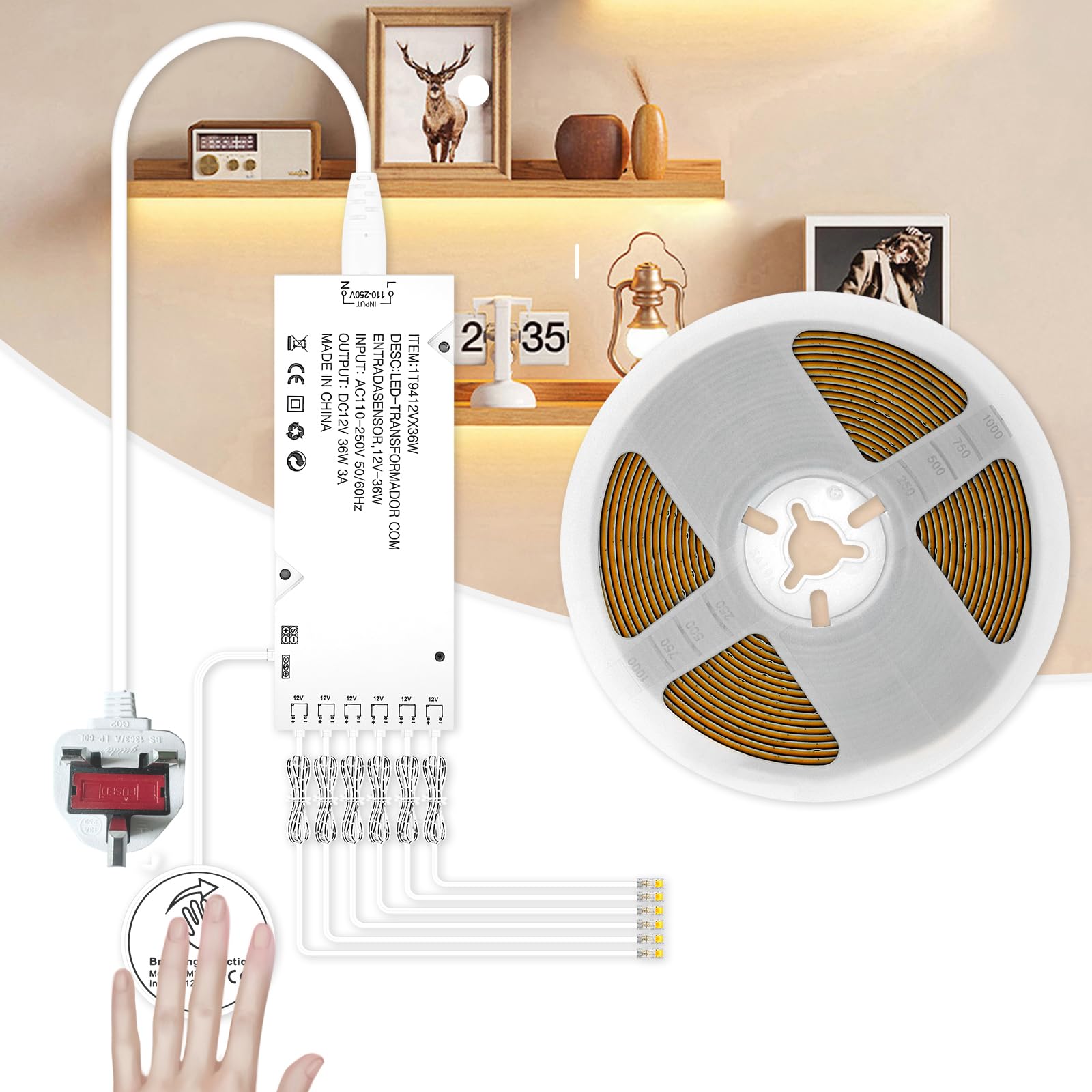 RYE Under Cabinet Led Light Strip kit,16.4ft/5m Cuttable 3000K,6 Outlets Power,Touch Switch&Dimmer,COB Strip for Kitchen Cupboard,Book Shelf,Floating Shelf,Wall Panel,Home Decor [Energy Class A] — image 1
