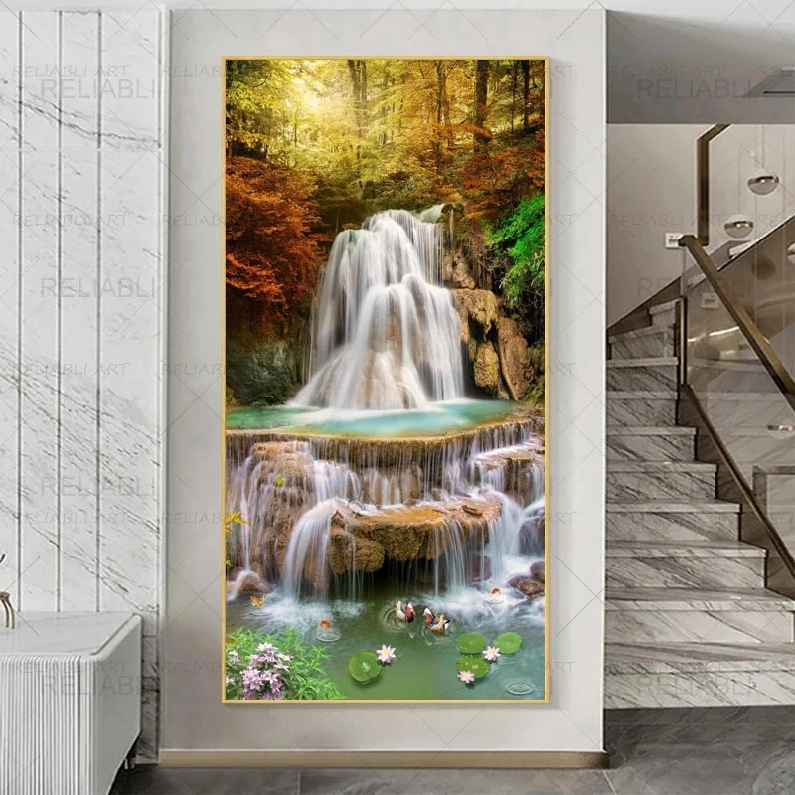 Tableau grand format pour grand mur vide : cascade abstraite et Koi - 8