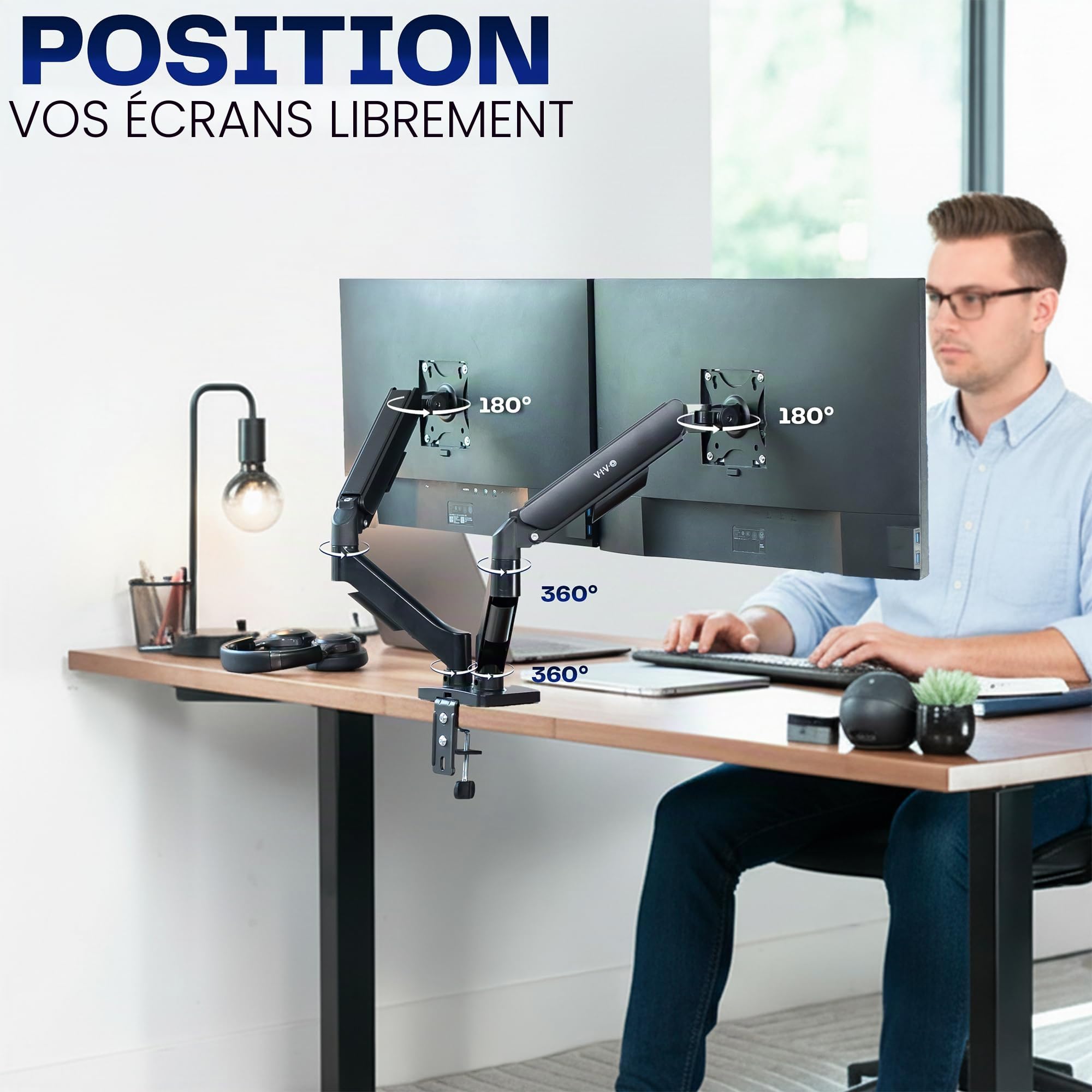 Vivo Support de Bureau à Double Bras réglable en Hauteur, inclinable, pivotant, Support pneumatique à contrepoids, Bras de Support VESA Compatible avec la Plupart des écrans jusqu'à 32", Classique,