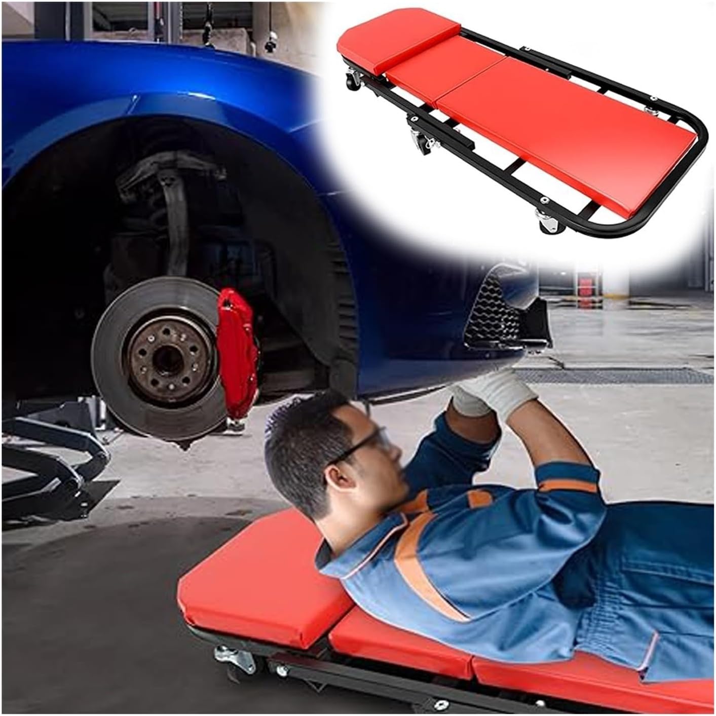 2-in-1 Design Red Rolling Automotive Creeper, Foldable Steel Creeper with 6 Wheels, 39.4 in Length Portable Mechanics Creeper for Garage/Repair Shop