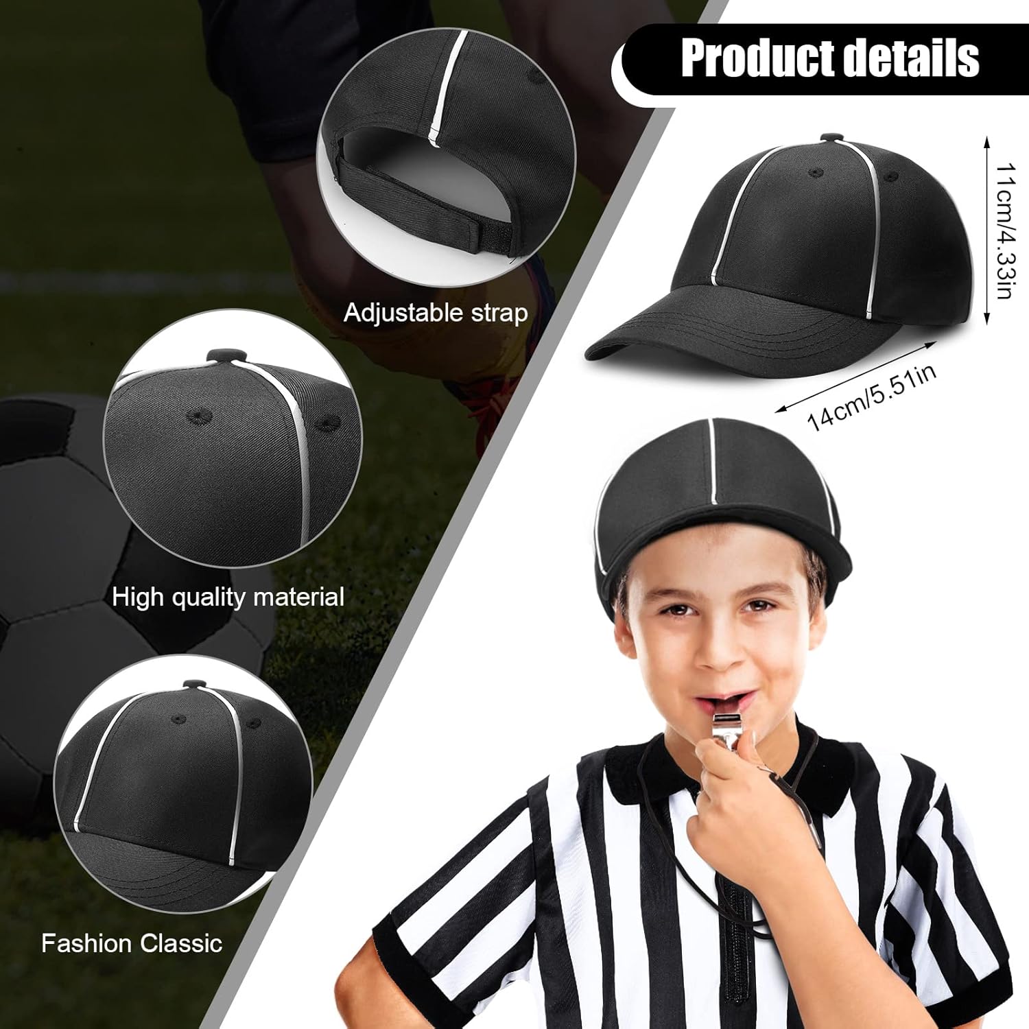 Funtery 4 Pcs Referee Costume Set Kids Referee Hat Stripe Shirt Whistle and Penalty Flag for Football Games Party Accessory
