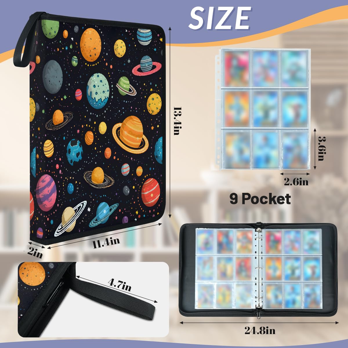 Mexpekil Space Planets - Raccoglitore di carte con 9 tasche con 50 pagine a caricamento laterale, per 900 carte, con cerniera, impermeabile, porta carte