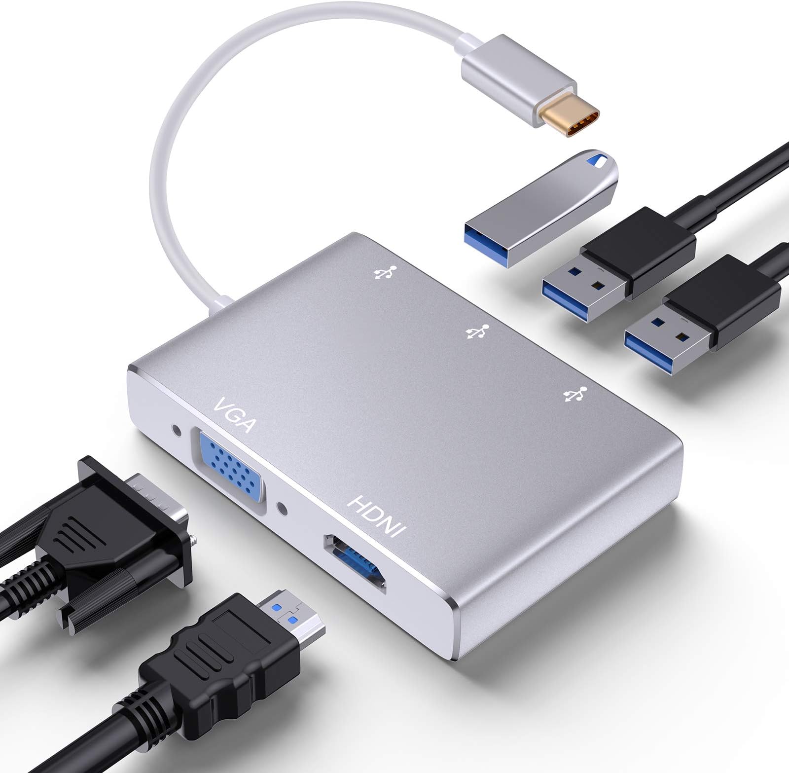 USB C to HDMI VGA USB Adapter, iBosi Cheng 5 in 1 USB C Hub with 4K (Thunderbolt 3 Compatible) USB-C to HDMI Multiport Adapter for MacBook Chromebook Pixel and More Type C Devices