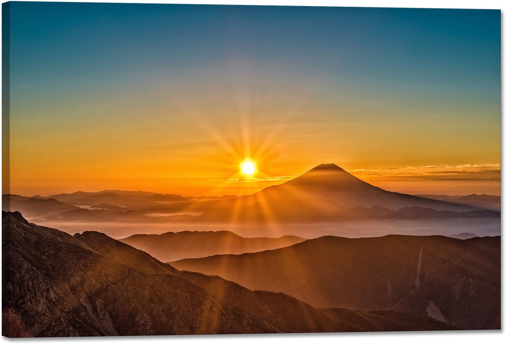 Mt. Fuji Sun Art Panel Red Fuji Picture Cherry Blossom Landscape Painting Poster Wall Hanging Entrance Feng Shui Good Luck Decorative Painting Wall Hanging Finished Product with Wooden Frame (11.8 x
