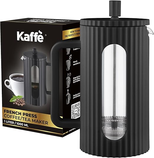 Kaffe French Press Coffee Maker (34oz / 1L) - Borosilicate Glass and BPA-Free Plastic Coffee Press - Matte Black - Lightweight Travel & Camping Coffee Maker