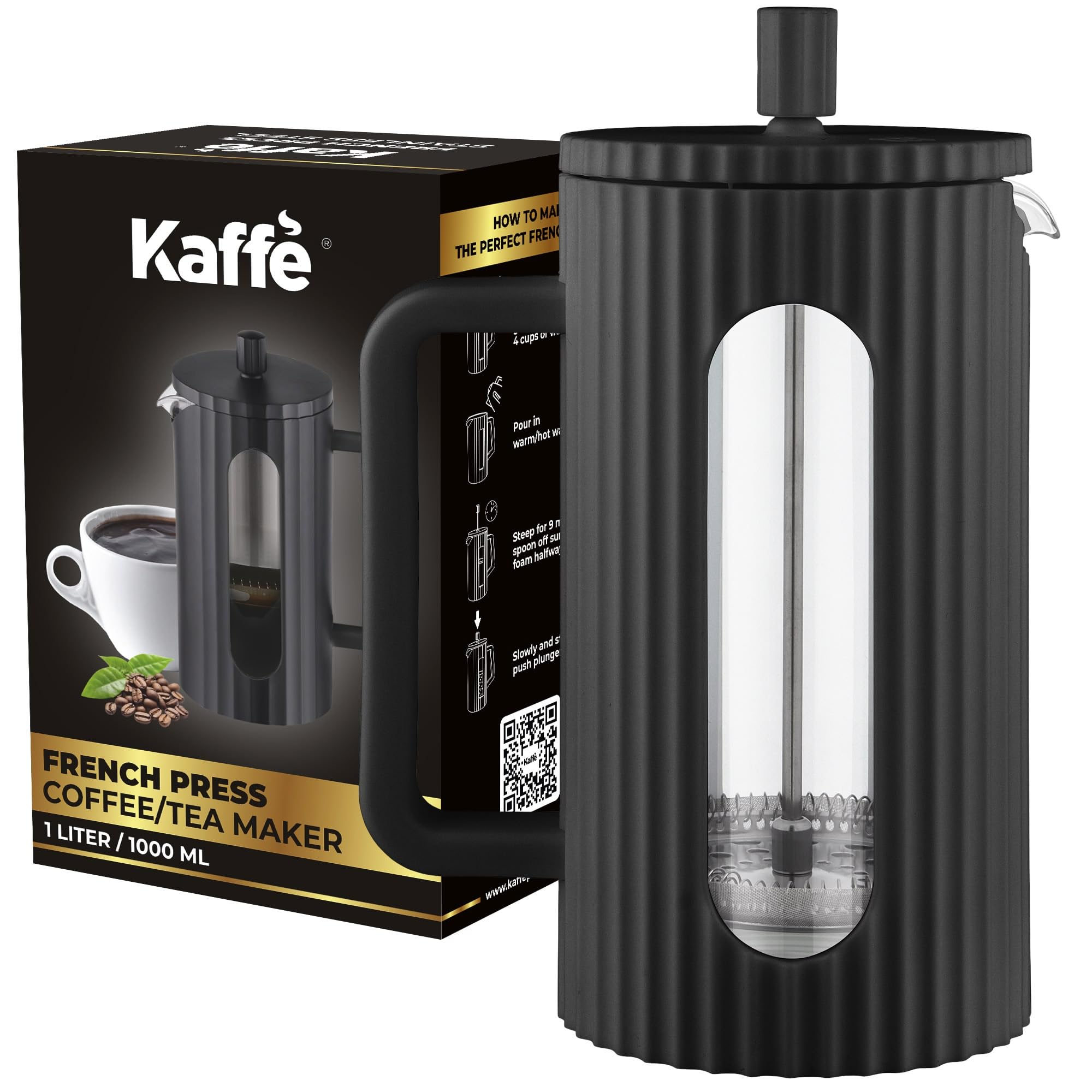 Kaffe French Press Coffee Maker (34oz / 1L) - Borosilicate Glass and BPA-Free Plastic Coffee Press - Matte Black - Lightweight Travel & Camping Coffee Maker