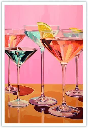 Lienzo decorativo retro rosa para pared, póster de cóctel funky de verano, impresiones de alcohol rosa preppy, decoración estética ecléctica para