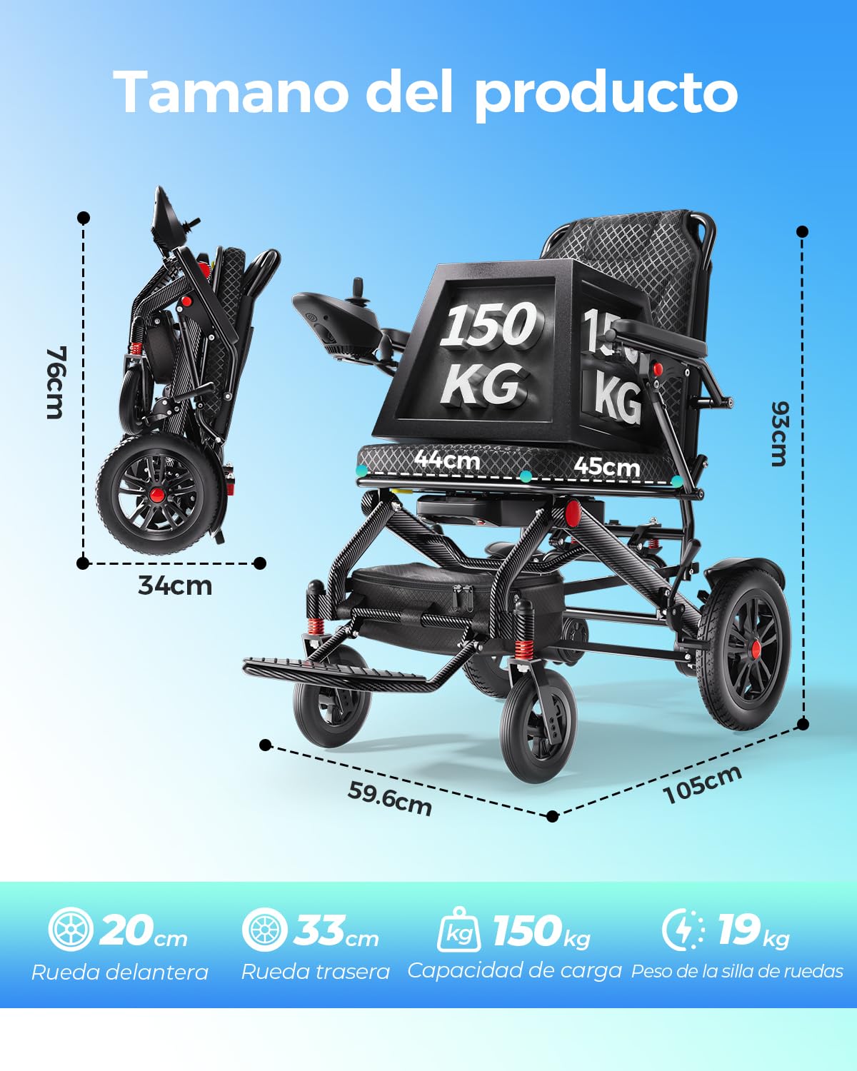 Silla de ruedas eléctrica plegable ligera para personas mayores y adultos, bastidor aluminio 19kg, batería litio 20Ah extraíble, doble motor 500W, carga 150kg
