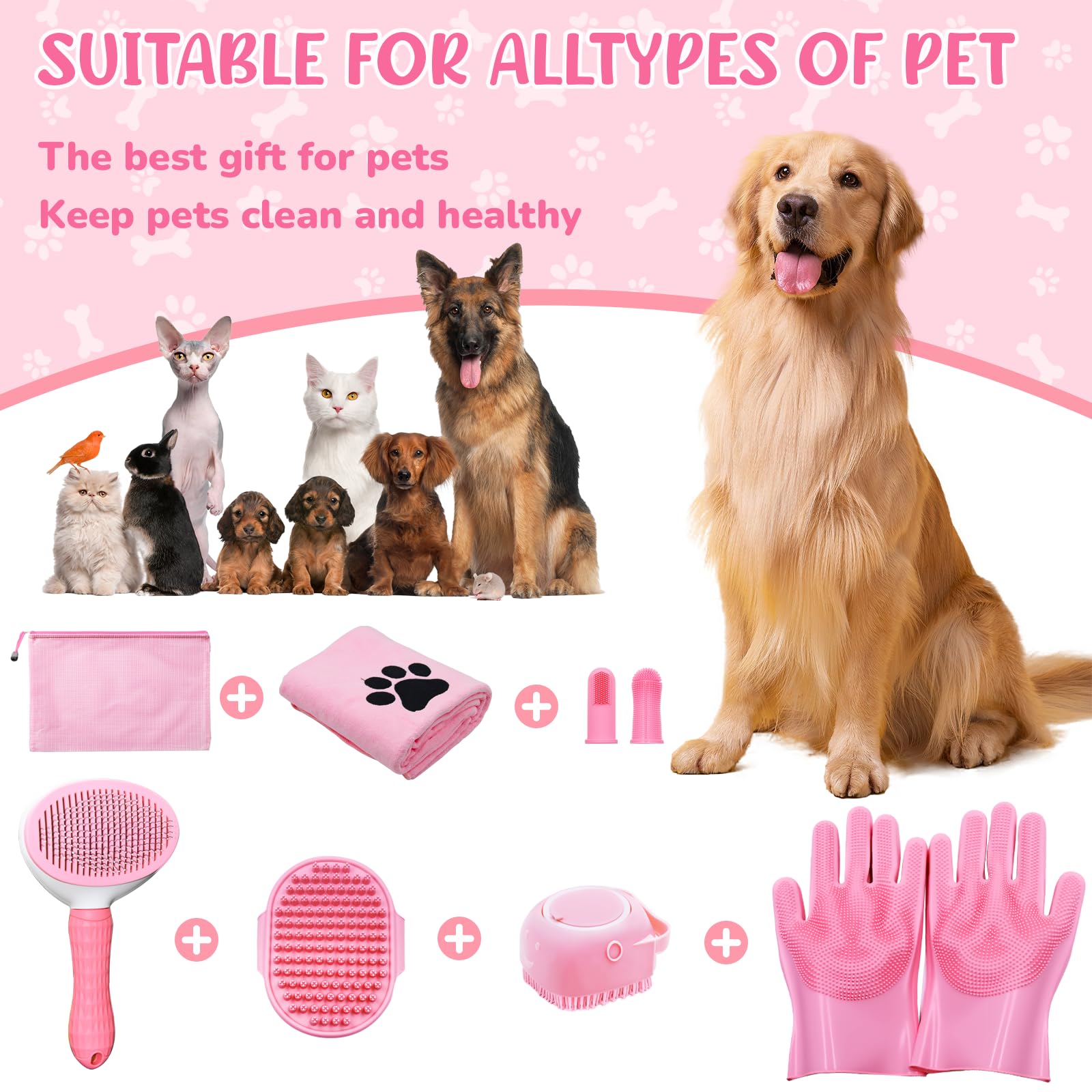 Kit de toilettage pour chien - 8 pièces avec brosse à démêler, gants de bain, serviettes et brosse à dents en silicone - Idéal pour chiens, chats, petits et grands animaux de compagnie (rose)