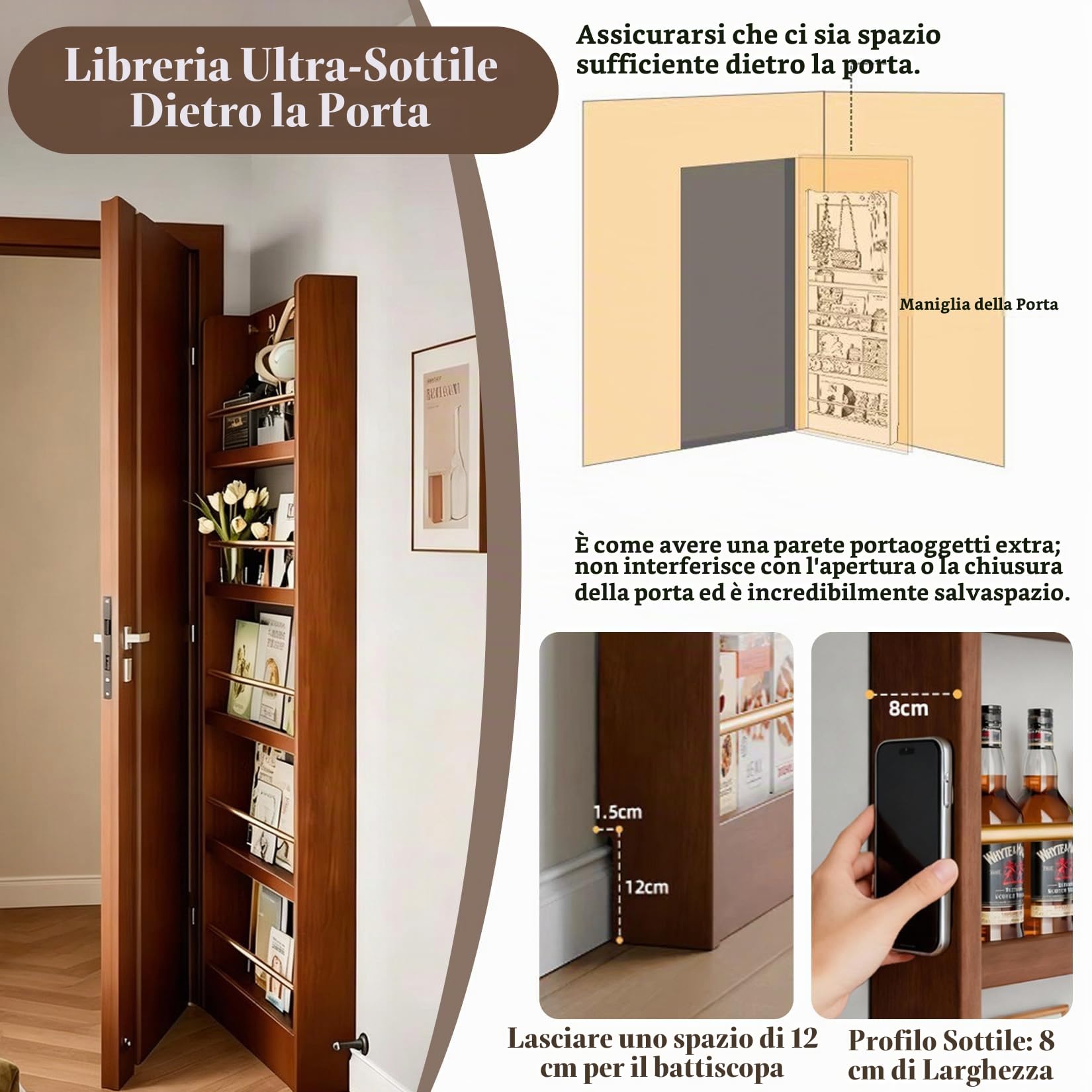 4/5 Livelli Libreria Da Parete Legno,Librerie Salvaspazio,Libreria In Legno Dietro La Porta,antiribaltamento/salvaspazio/facile da montare,per soggiorno e camera da letto