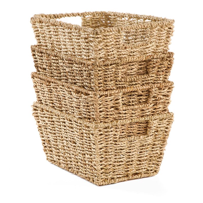 Gatarn Seagrass Storage Baskets | Set of 4 Handwoven Natural Baskets with Handles | Nesting Shelf Organisers for Bathroom Bedroom Kitchen & Home Office