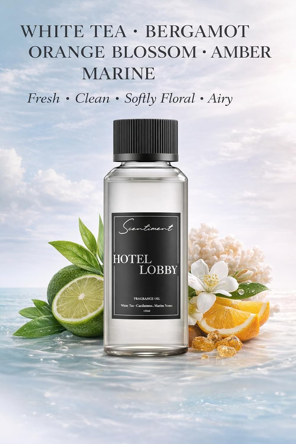Scentiment Hotel Lounge Diffuser Oil – White Tea, Bergamot, Orange Blossom, Amber & Marine Scent for Diffusers, Fragrance Oil - 4.06 fl oz (120 mL)