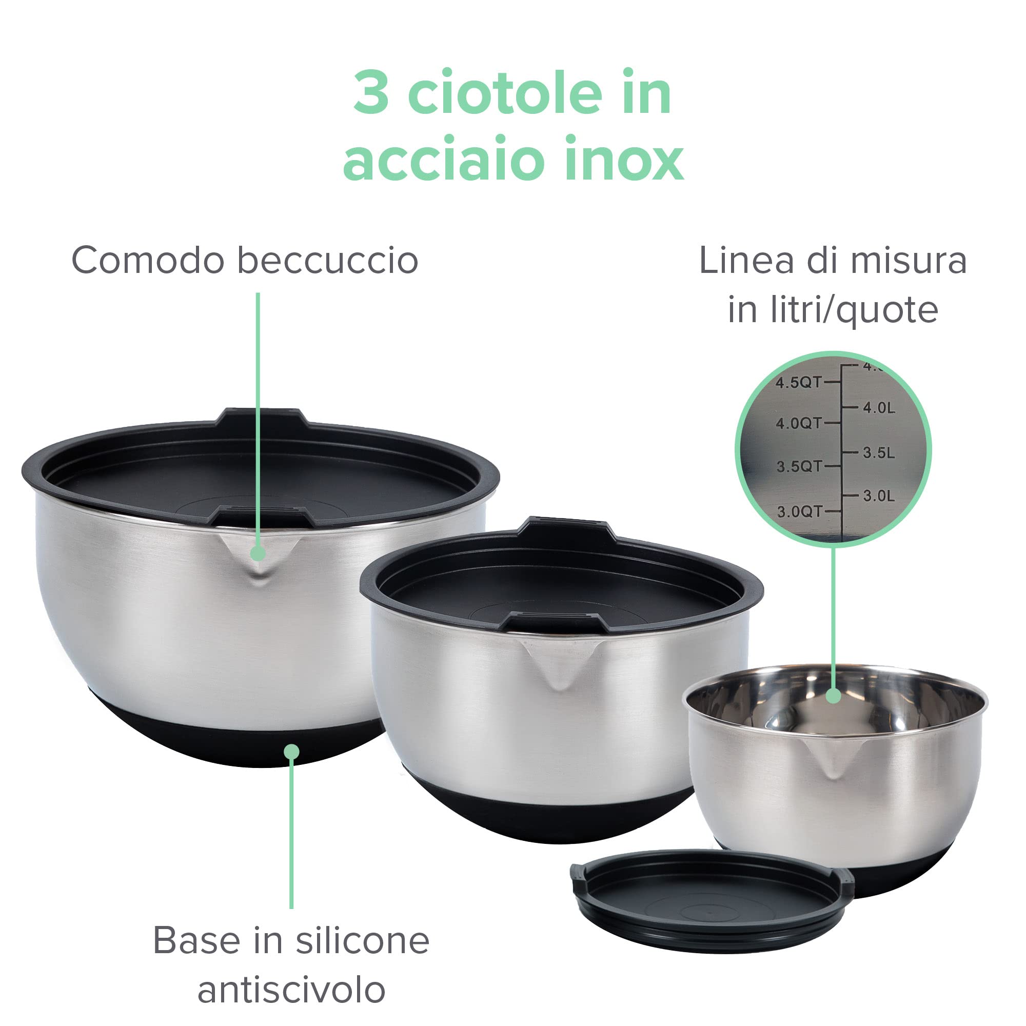 Coninx Ciotolo di miscelazione in Acciaio inox Set di 3 Ciotole con Coperchio ermetico| Insalatiere impilabile | con Beccuccio per versare | per Impastare, Mescolare, Conservare e Trasportare