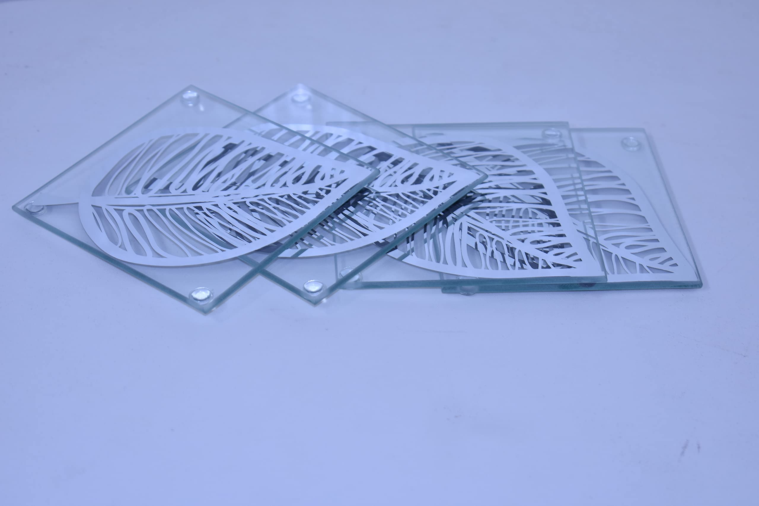 Deenz Silver 4X Leaf Shape Coaster New Set Of 4 Glitter Glass Coasters Best Gift