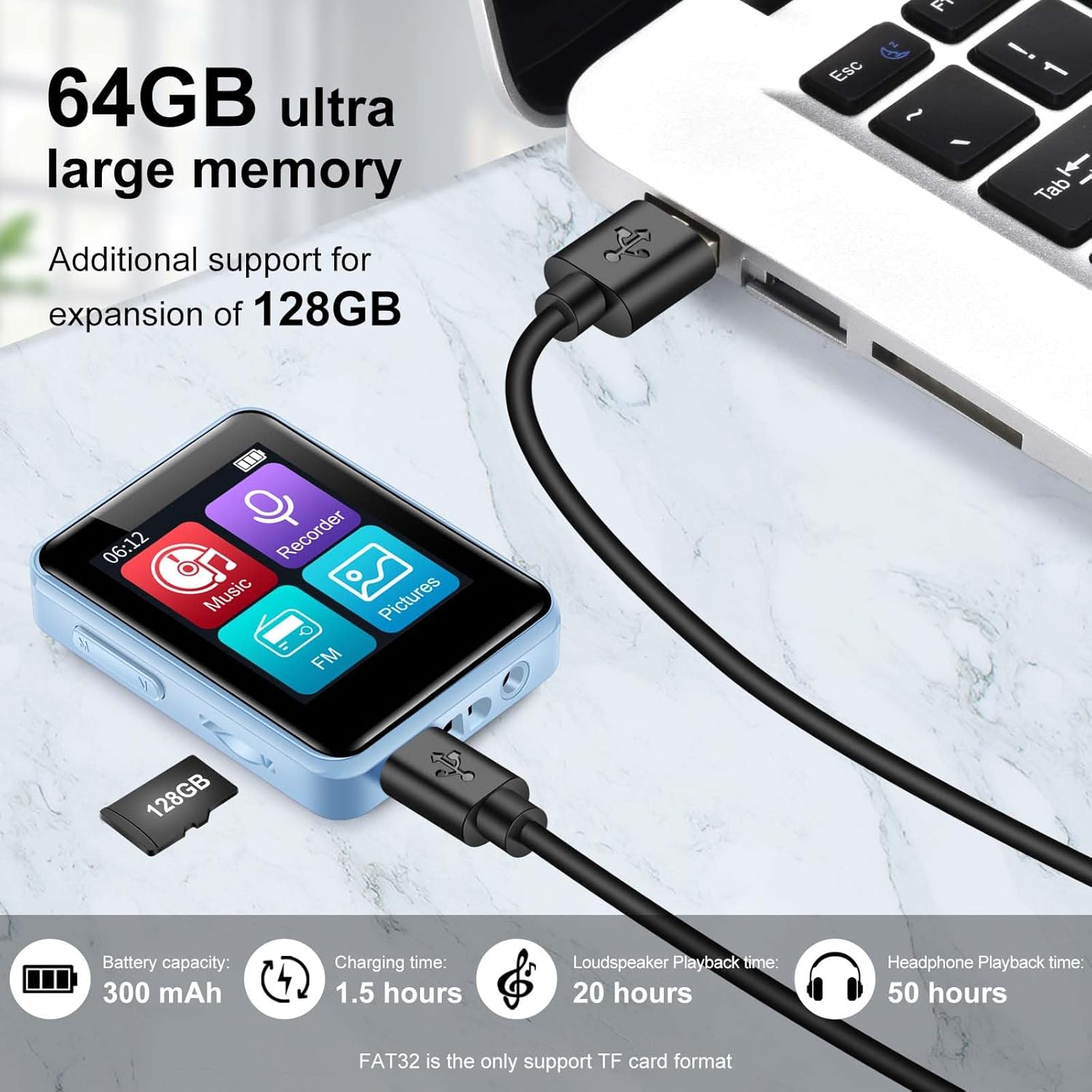 64GB MP3 Player, Bluetooth Music Player, Portable High Fidelity Lossless Music Player with Recorder, FM Radio, 1.8 inch Screen, Up to 512GB, Blue