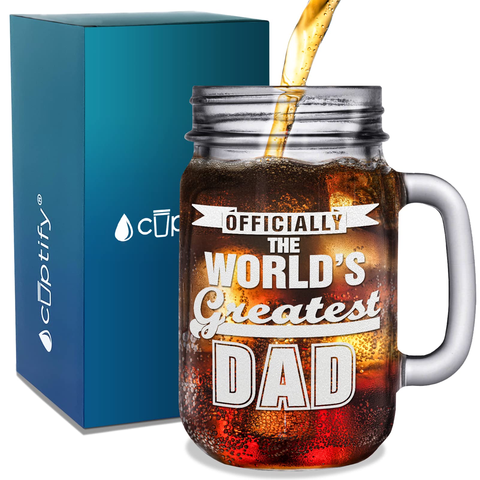 Cuptify Officially World's Greatest Dad Etched 16 oz Mason Jar with Handle Drinking Glasses Birthday Gifts for Fathers Day, Men, Him, Dads