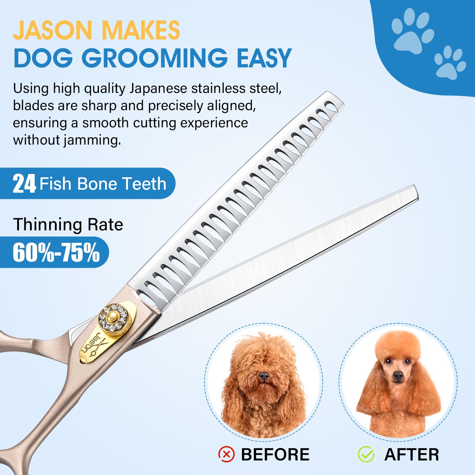 JASON Ciseaux Professionnels pour Chiens 7.5 Pouces 24 Dents Chunker Ciseaux à Effiler Acier Inoxydable Japonais 440C Poignée Ergonomique Or Rose