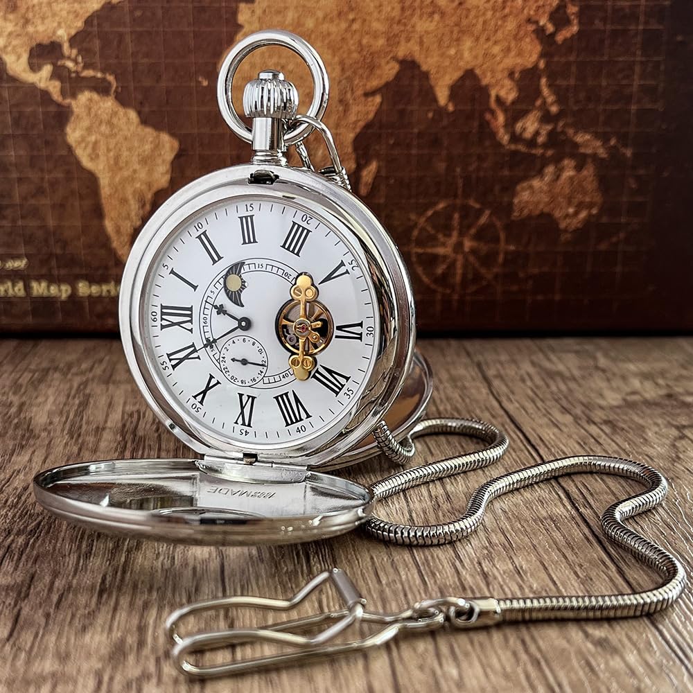 VIGOROSO Mechanische Taschenuhr mit Handaufzug für Herren, halbe Jäger-Doppelabdeckungen