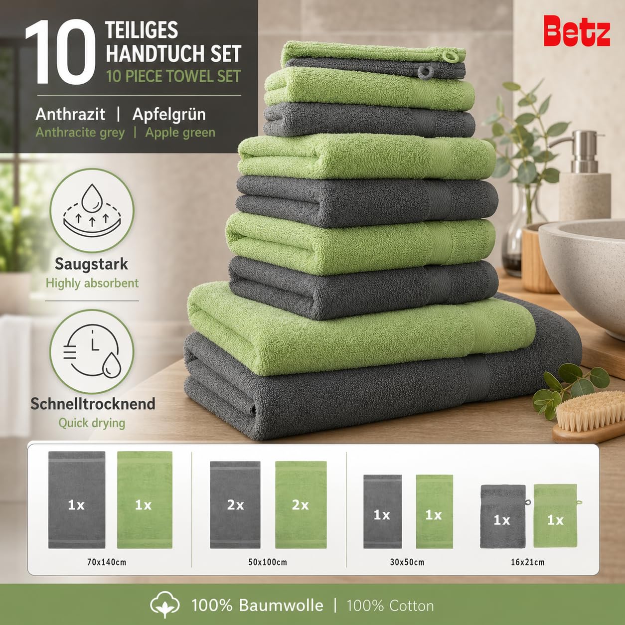 Betz Juego de 10 Toallas Premium 100% algodón 2 Toallas de baño 4 Toallas de Lavabo 4 Toallas de tocador 2 Manoplas de baño Color Verde Manzana y Gris Antracita