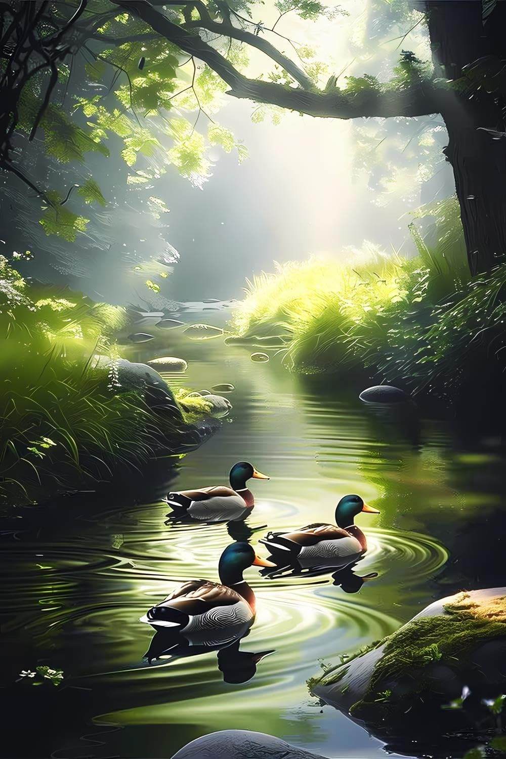 JOEAUEN 5D Diamond Painting Kits Ducks Swimming on The Spring River Diamond Art Kits for Adults DIY Duck Round Full Drill Paintings with Diamonds Gem Art for Adults Home Wall Decor 16x20 inch