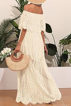 Holipick Beige Maxi Dress Floral lace Off Shoulder Beach Boho