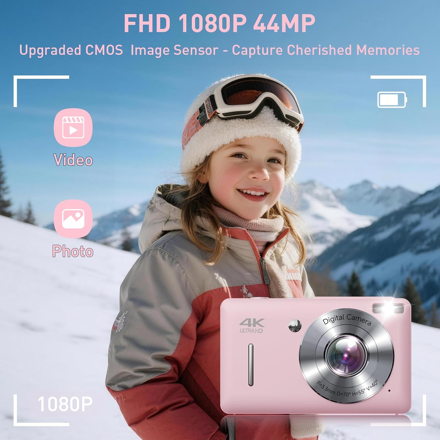Digital Camera, 44MP FHD 1080P Point and Shoot Digital Camera with 16X Zoom, Small Compact Camera with Face Detect, 32GB SD Card, Anti Shake for Kids Teens Boys Girls (Pink)
