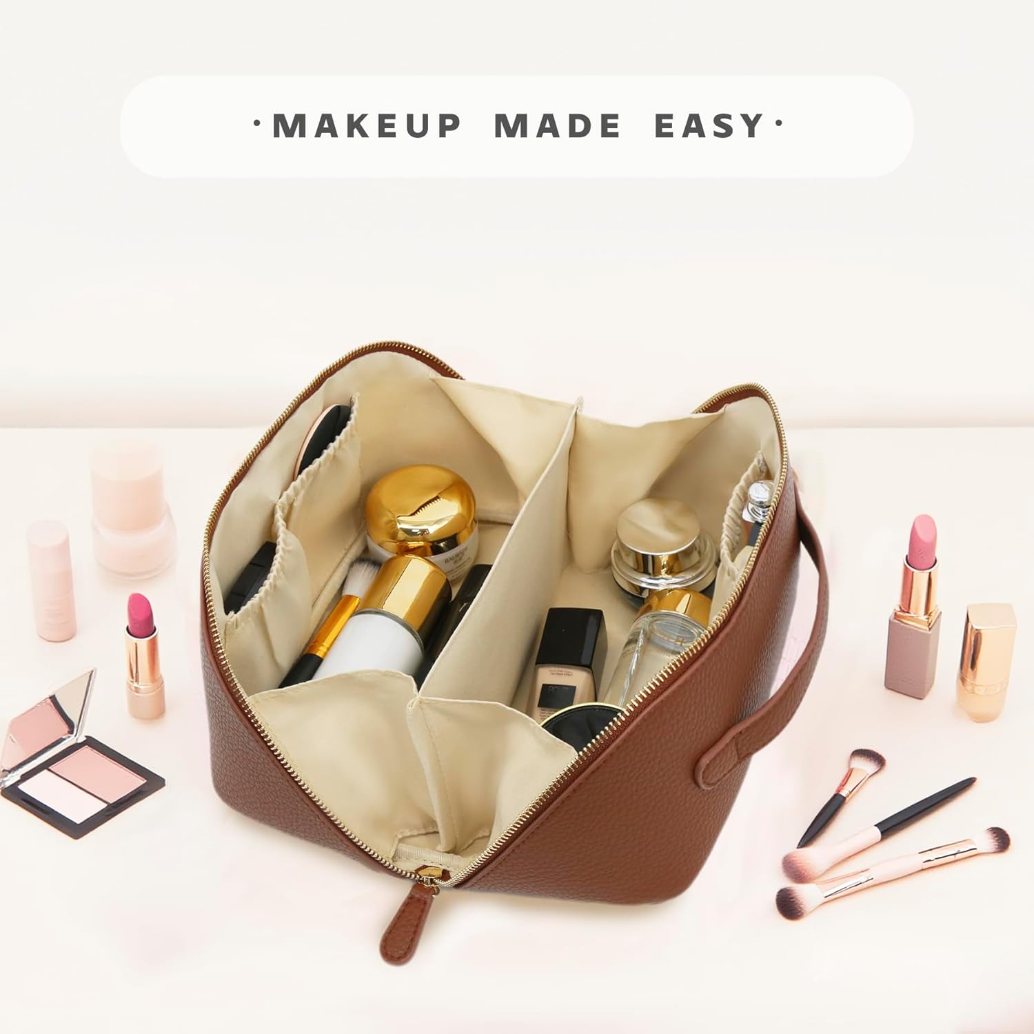 Travel Makeup Bag – Large Cosmetic Organizer with Waterproof PU Leather, Smooth Double Zipper & Tear-Resistant Lining, Toiletry Pouch for Women (Brown) - Image 6