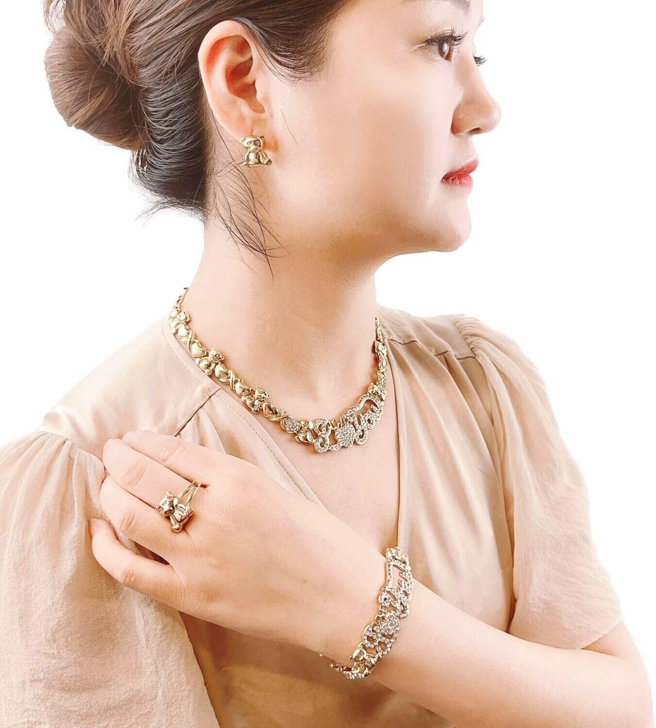 African Necklace Set Hugs and Kisses Gold Jewelry Sets For Women 18k Gold/Silver Filled LOVE Necklaces Jewelry Sets Wedding Jewelry Necklace Earrings Bracelet Ring Gifts - Image 4