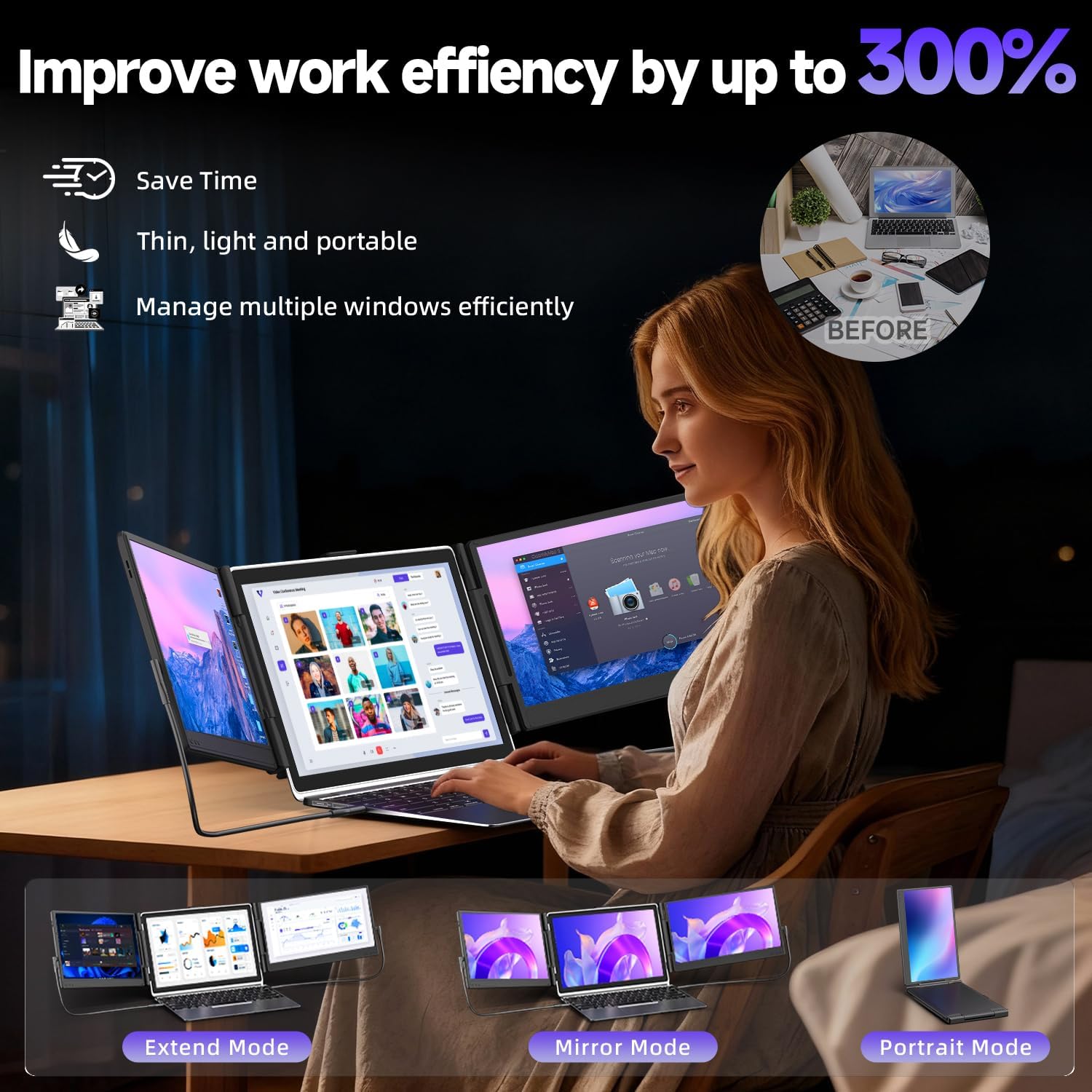 Triple Laptop Screen Extender, Upgraded 14" 1080P FHD IPS Laptop Monitor Extender, Plug & Play LCD Type-C/USB-A/HDMI Travel Monitor for Laptops 13"-17", Fits Windows Mac Linux Chrome