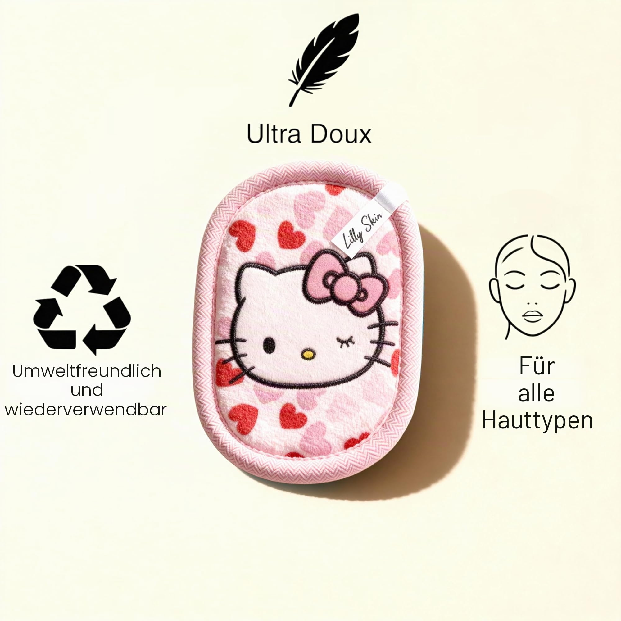 Lilly Skin Waschbare und wiederverwendbare Reinigungspads – Quadratische Mikrofasertücher zum Reinigen und Peelen der Gesichtshaut – Packung mit 7 synthetischen Hautpads – Hello Kitty