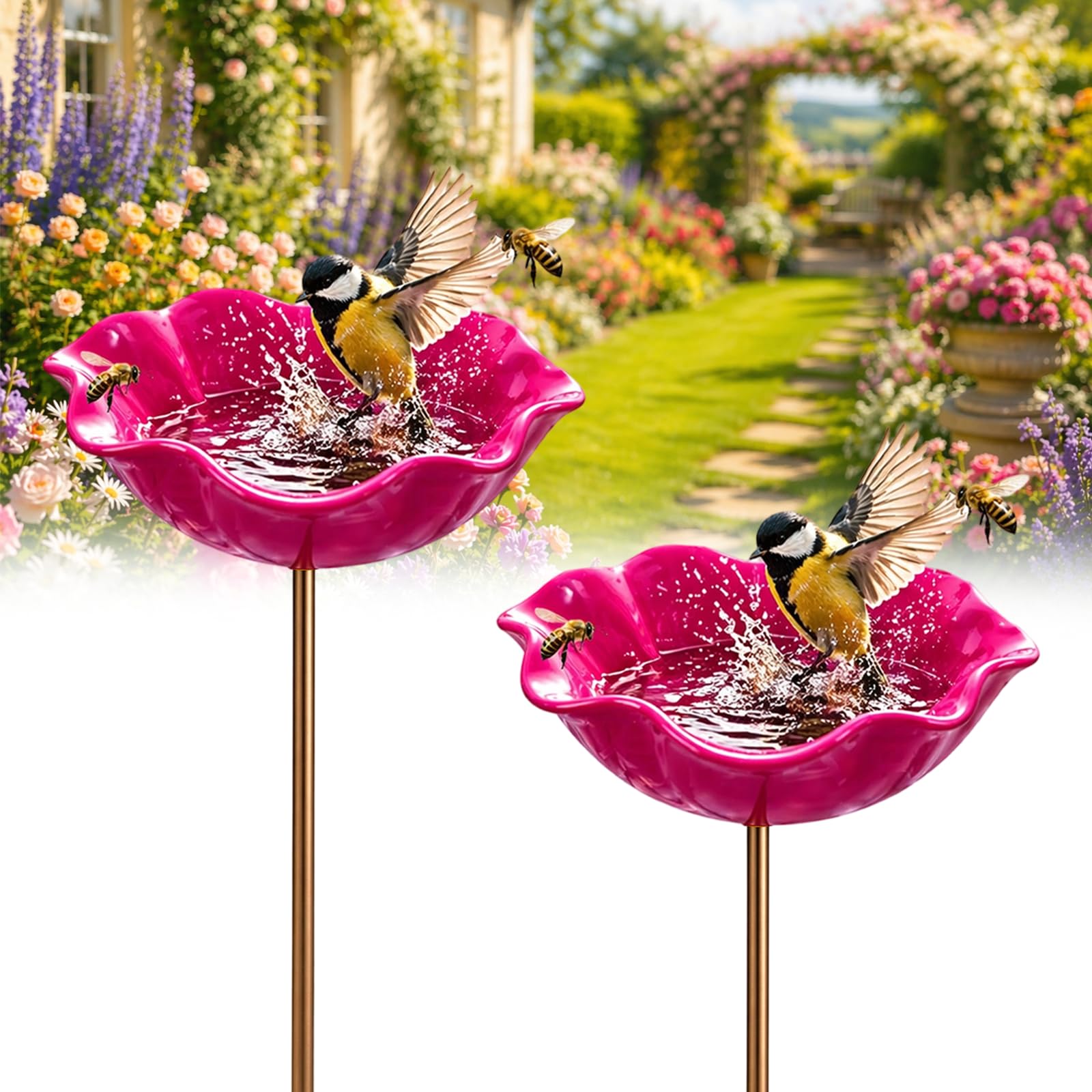 Handmade Metal Flower Garden Stake Bird Bath Bowl - Weather-Resistant Bee Watering Station & Flower Bird Feeder, Decorative Outdoor Metal Flowers for Yard Lawn Patio Decor (2 * Rose)