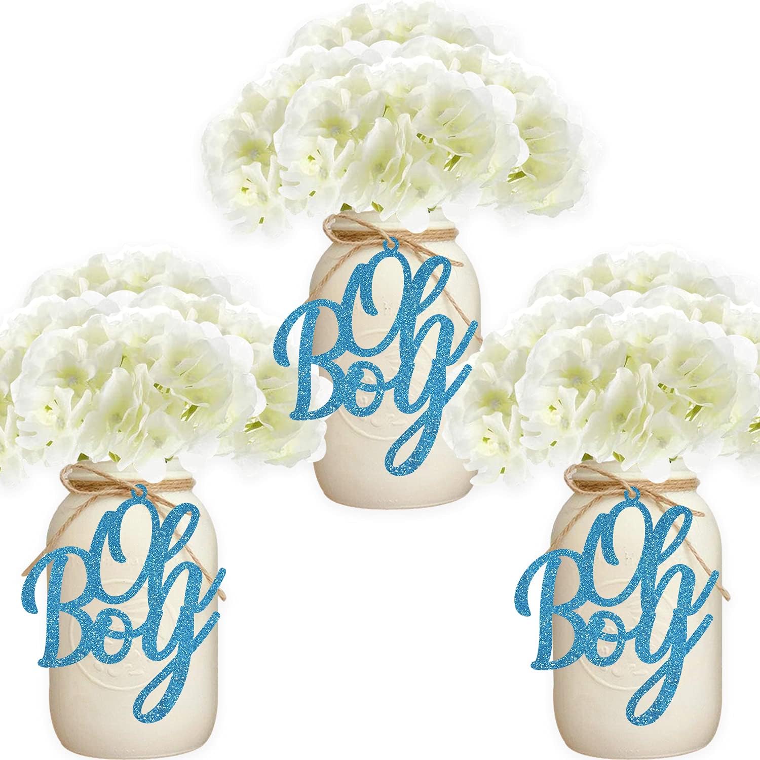 24PCS Boy Jar Tag Gender Reveal Centerpieces Blue Baby Shower Decoration Glitter Paper Cutouts