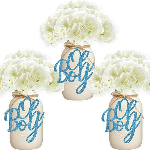 24PCS Boy Jar Tag Gender Reveal Centros de centro de mesa azul Baby Shower Decoración Glitter Paper Cutouts