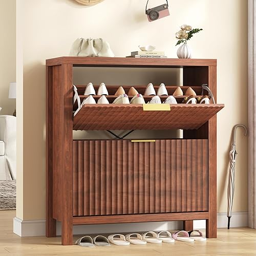 Miniatura 15 de Gabinete de Zapatos de Almacenamiento para Entrada, Gabinete de Zapatos Acanalado con 2 Cajones Abatibles, Estante de Zapatos Alto Independiente