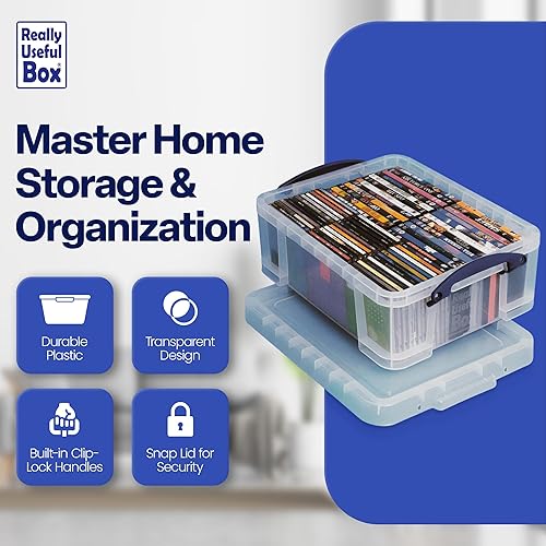 Miniatura 3 de Really Useful Box Contenedores de almacenamiento de plástico de 17 litros con tapas a presión y cierre de clip, transparentes