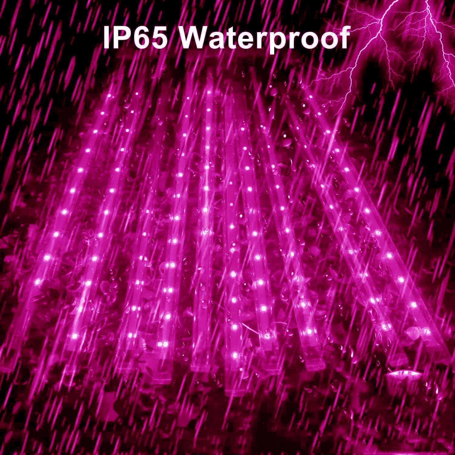 Solar Meteor Shower Lights Outdoor, Waterproof 30cm 10Tubes 240LED Cascading Icicle Falling Raindrop Decorative String Lights Remote for Garden Wedding Party Christmas Decoration (Pink)