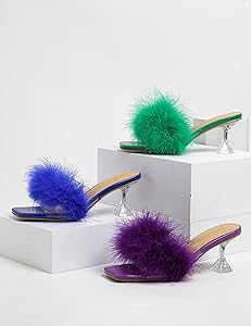 Clear Heels Women's Square Toe High Stilettos Heels Mules Sandals Fluffy Feather Slip On Clear High Heels Wedding Bridal Party Dress Shoes, Black, 7.5 High Heel Mules For Women