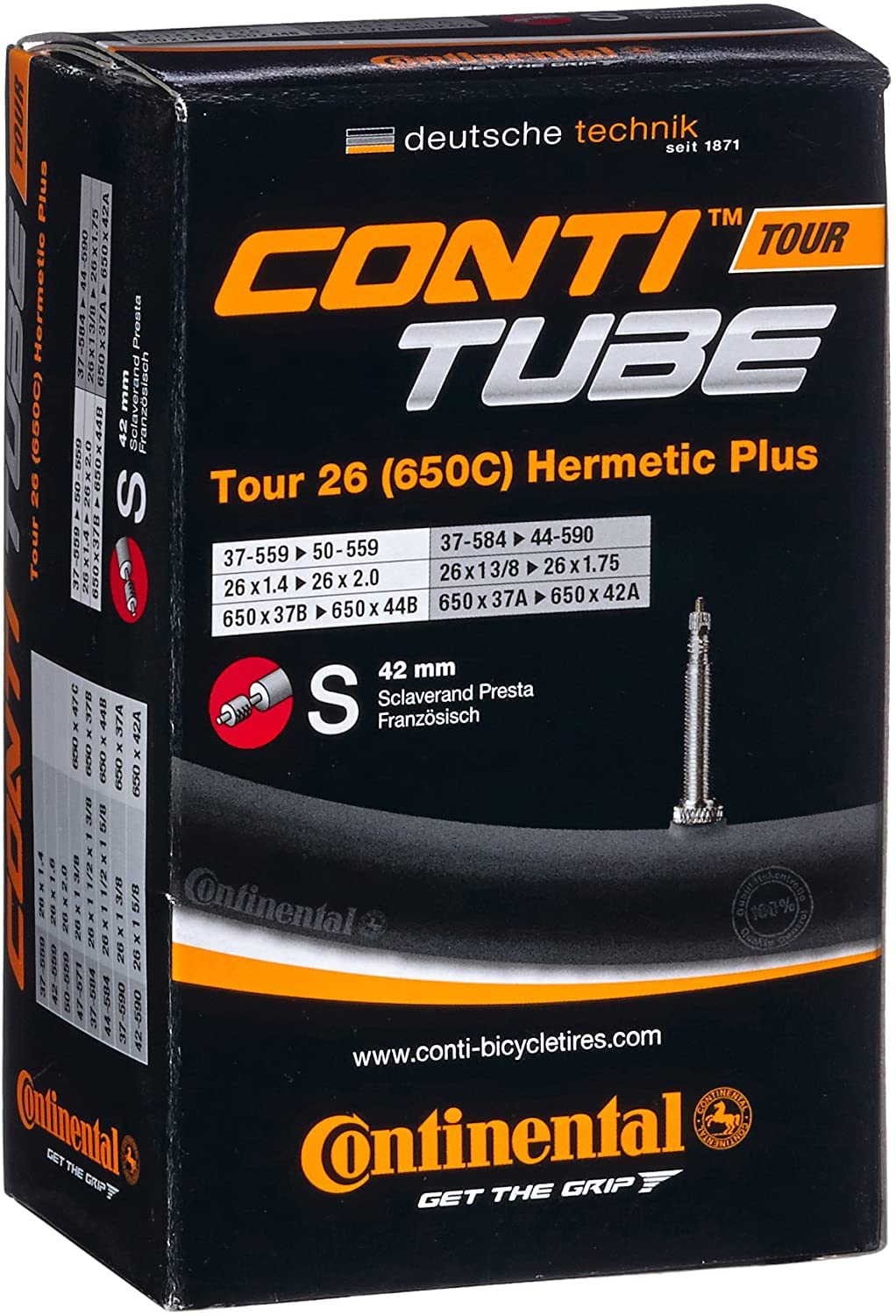 Continental Hermetic Plus Bike Tubes Tour 26-650x37-44 Inner Tubes - 42mm Presta Valve (Pack of 2 Tubes)