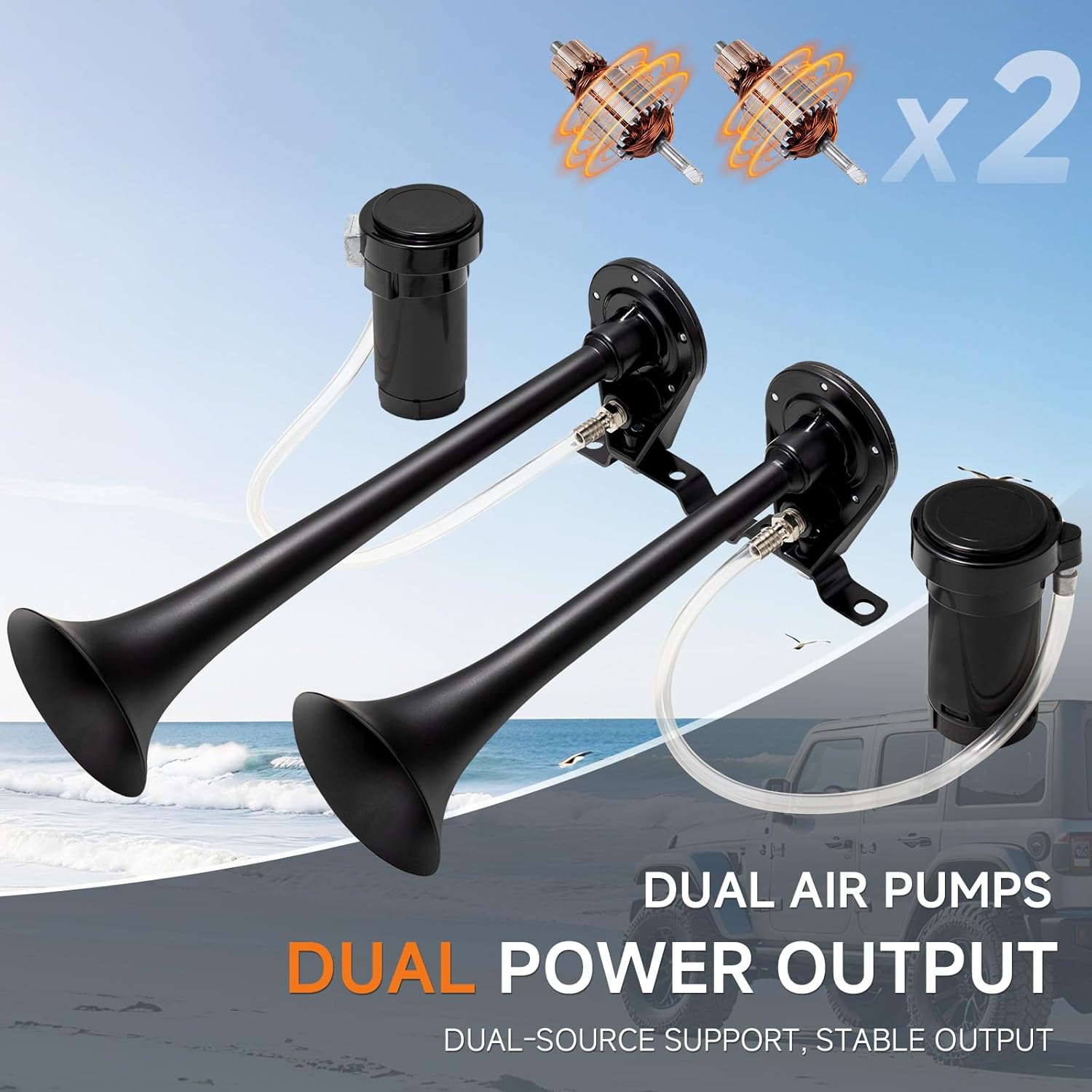 Car Horn 12V Air Horns for Truck 178dB Universal Super Loud Dual Trumpets With Compressor Air Horn kit for Any 12V Vehicles Pickup SUV Truck Boat