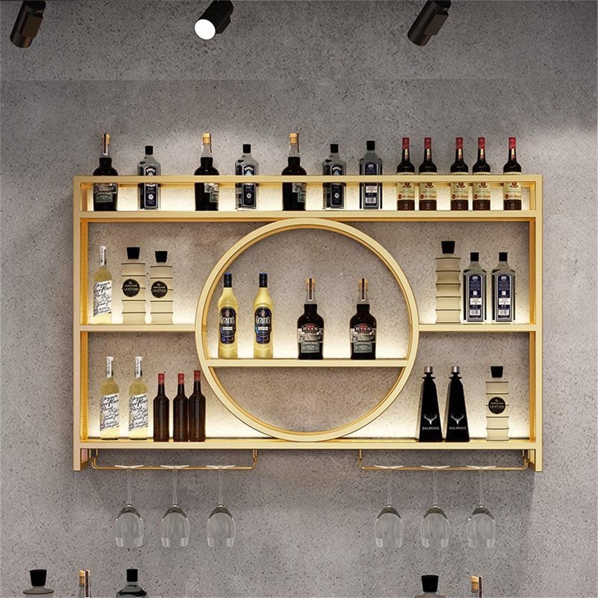 Casier à vin mural doré rond en métal de 120 cm avec porte-verre pour bar