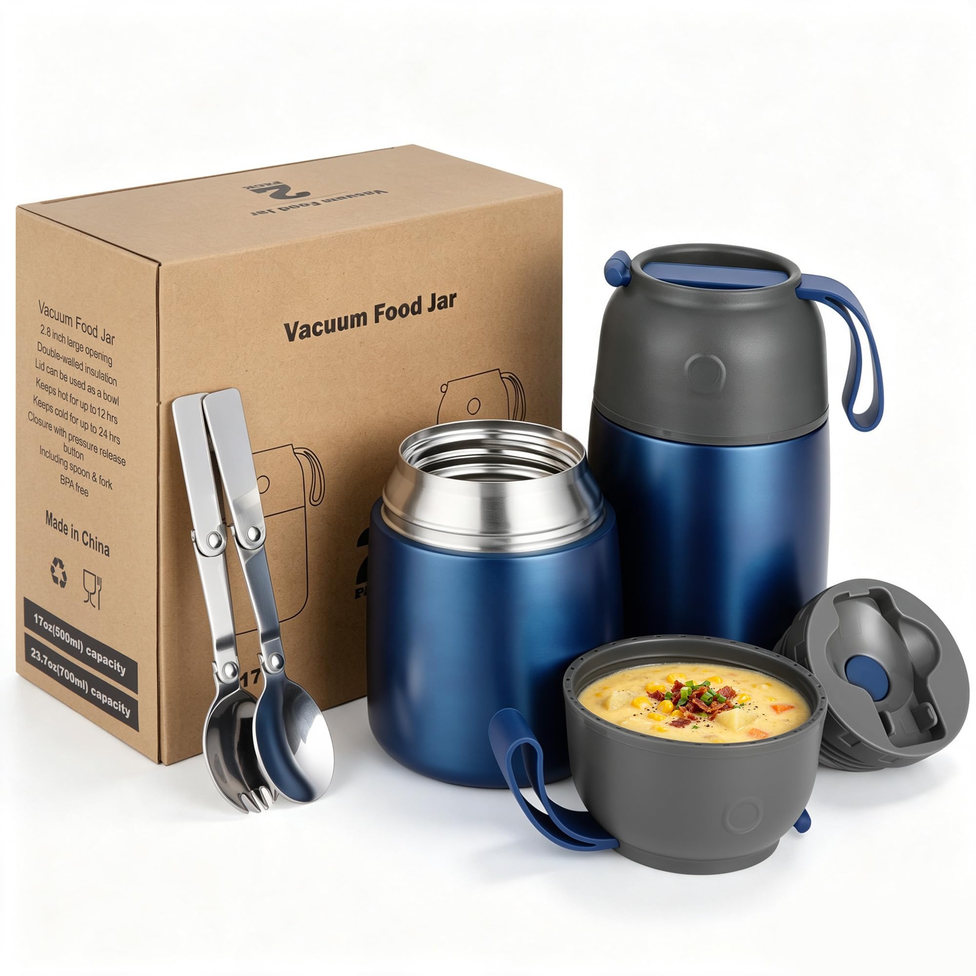Isoliertes Thermo-Lebensmittelglas für heiße und kalte Speisen für Kinder und Erwachsene, 17 & 680 ml Suppe, Thermobehälter für heiße Speisen, dreilagige Isolierung, Edelstahl-Lebensmittelbehälter mit
