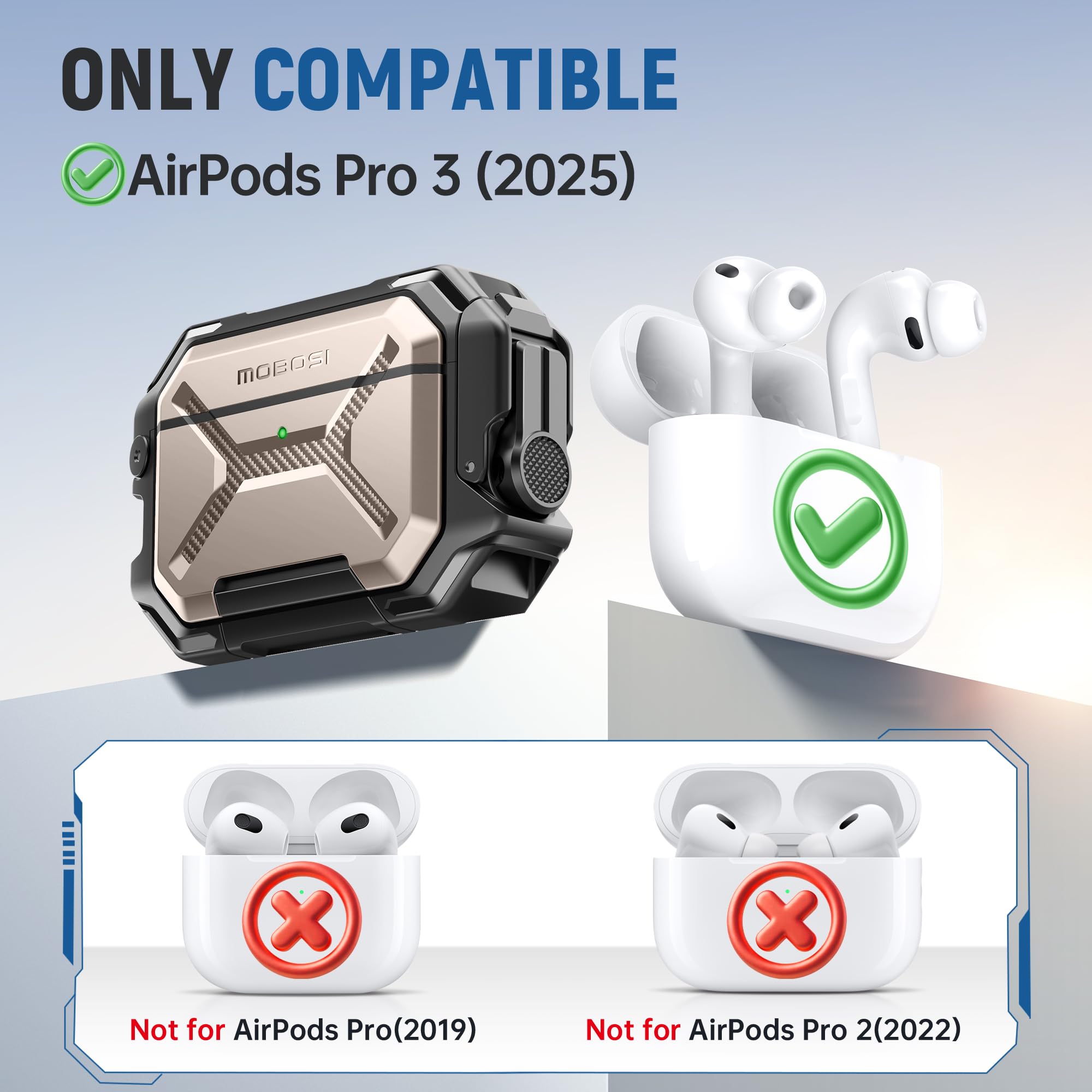 MOBOSI Etui ochronne do AirPods Pro 3 IP68, wodoszczelne etui kompatybilne z MagSafe, ochrona wojskowa, odporne na uderzenia, etui z zamkiem, brelokiem do kluczy, uchwytem na telefon komórkowy do