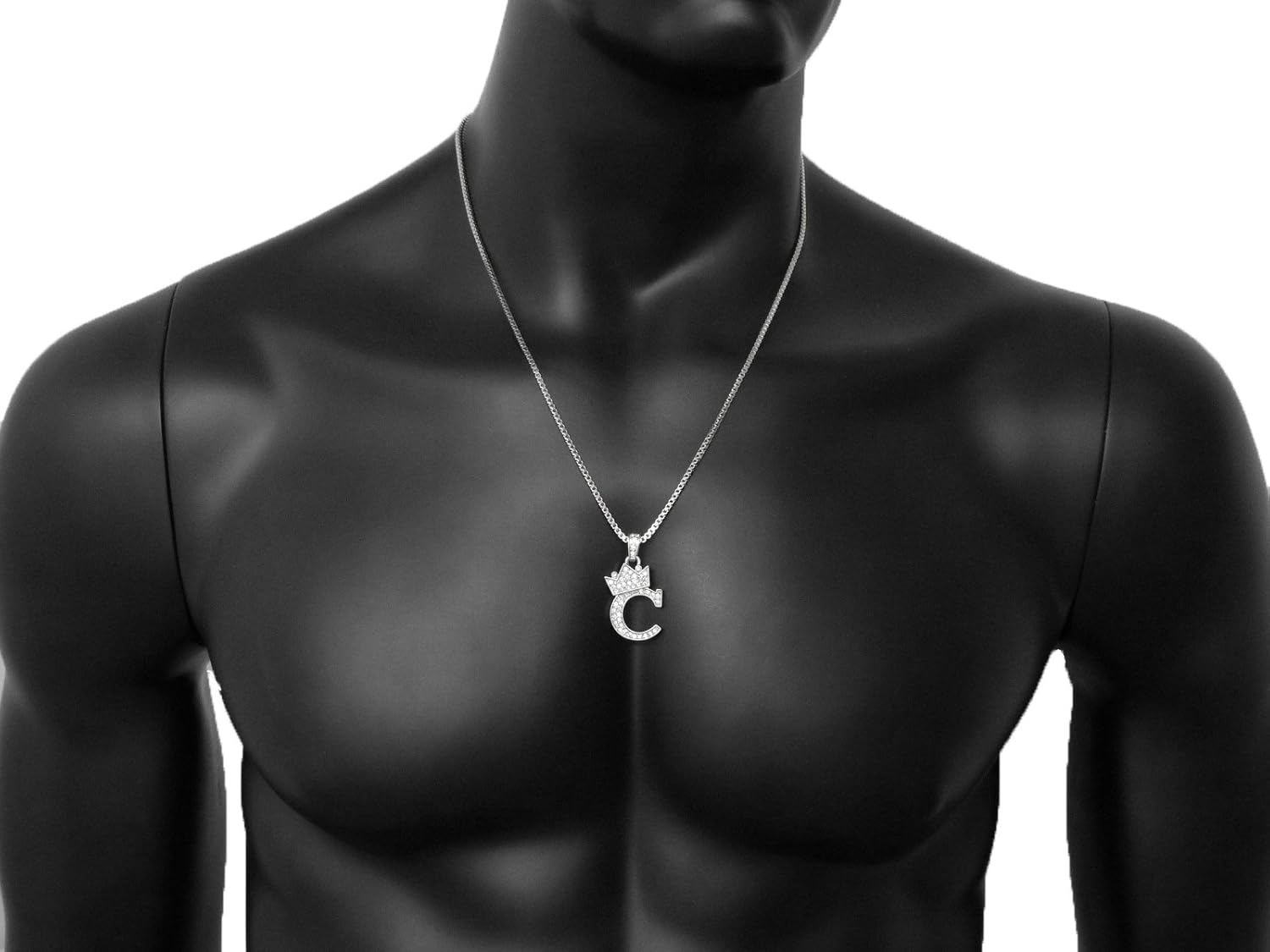 Fashion 21 Unisex Small Size Pave Initial Alphabet Letter Pendant 24" Box Chain Necklace & Earring Set (C Set/Silver)