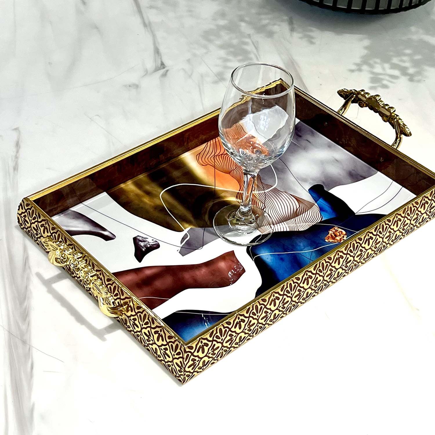 Zosenley Decorative Tray, Set of 2 Abstract Plastic Tray with Gold Patterned Handles