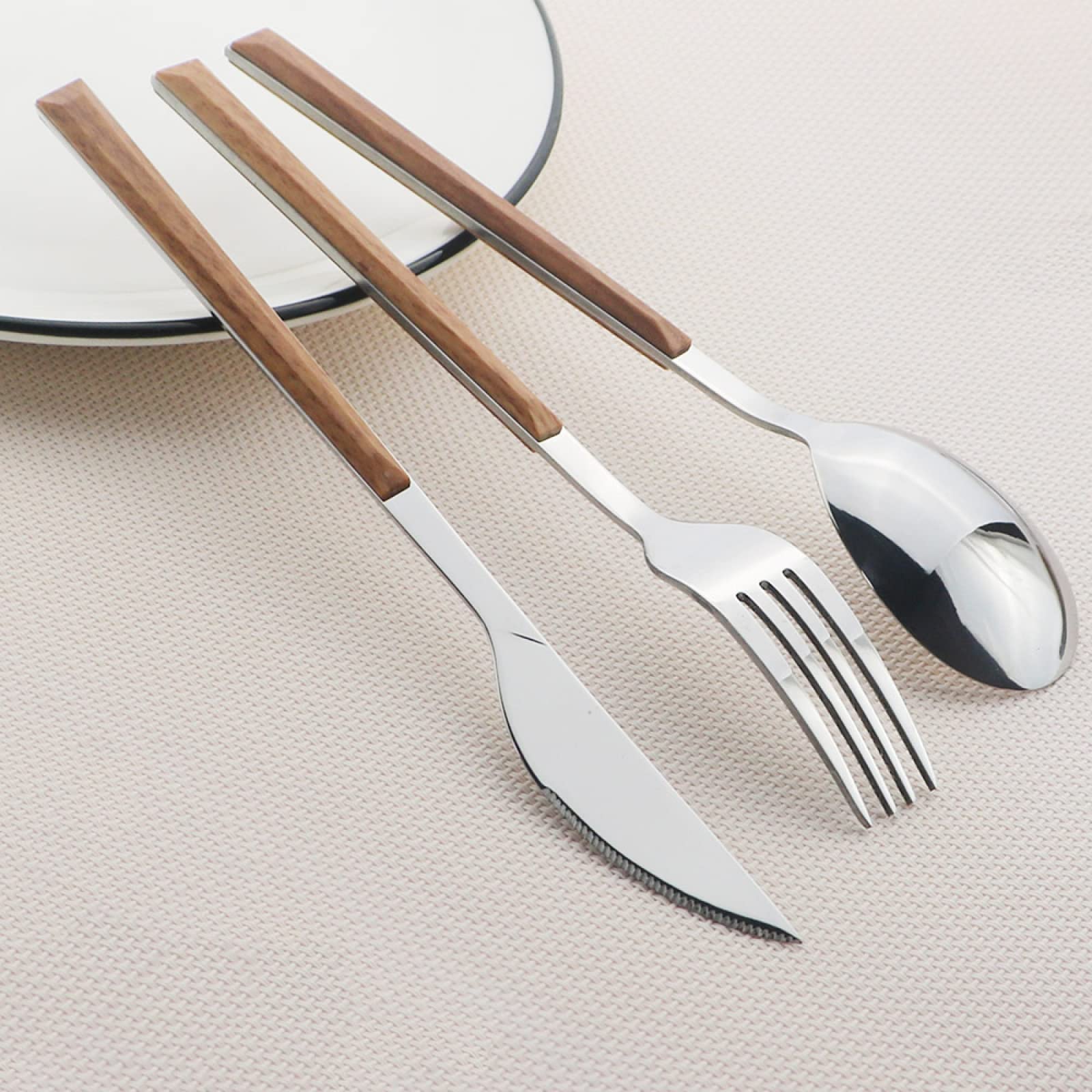 Juegos De Cubertería Juego De Vajilla De Acero Inoxidable Con Mango De Madera De Imitación Cuchillo De Cocina Tenedor Cuchara Juego De Vajilla 30Uds. De Madera