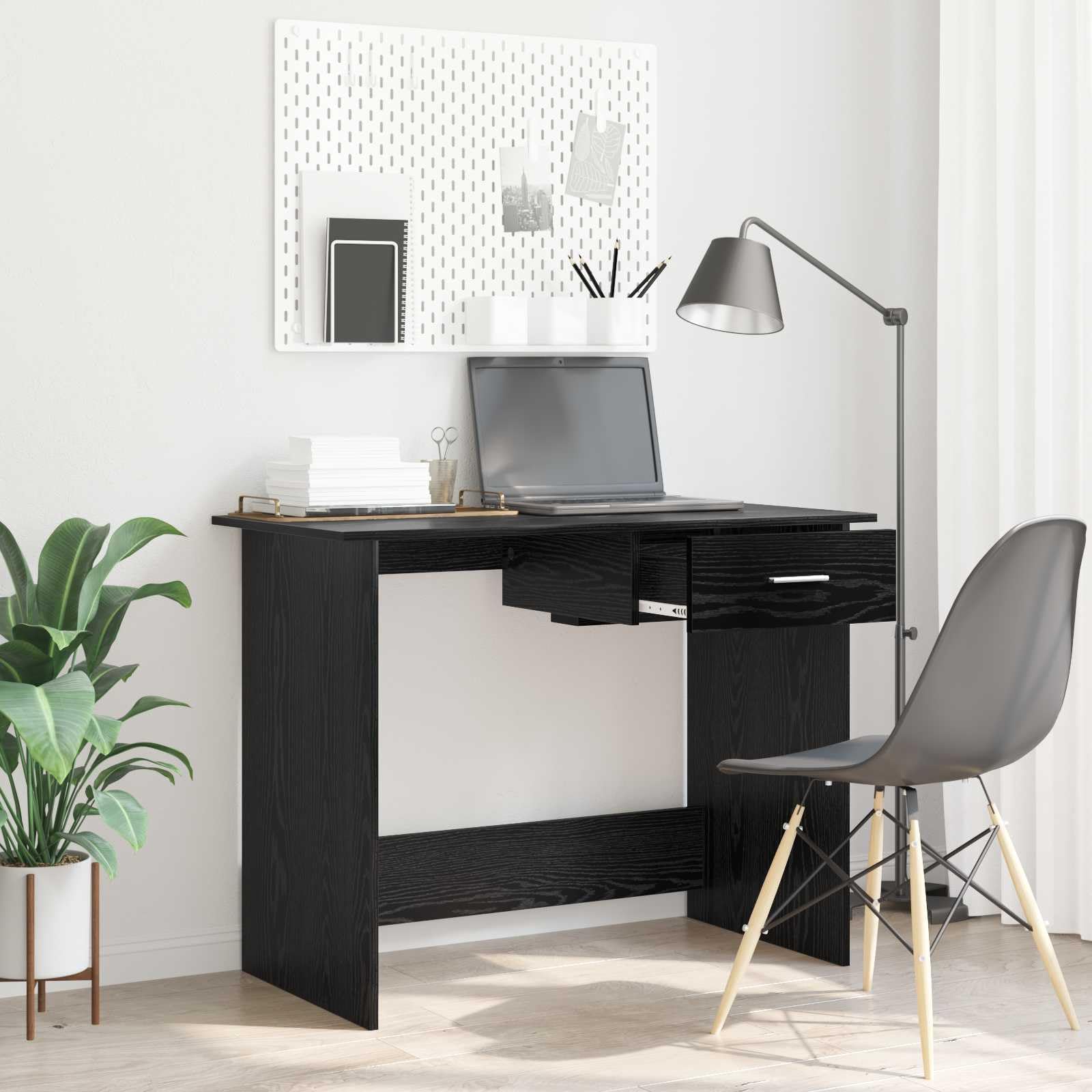 Scrivania per computer con cassetto, colore nero, effetto rovere, 100 x 50 x 76 cm, compatta, salvaspazio, per casa, ufficio, studio, con spazio di archiviazione e design ergonomico