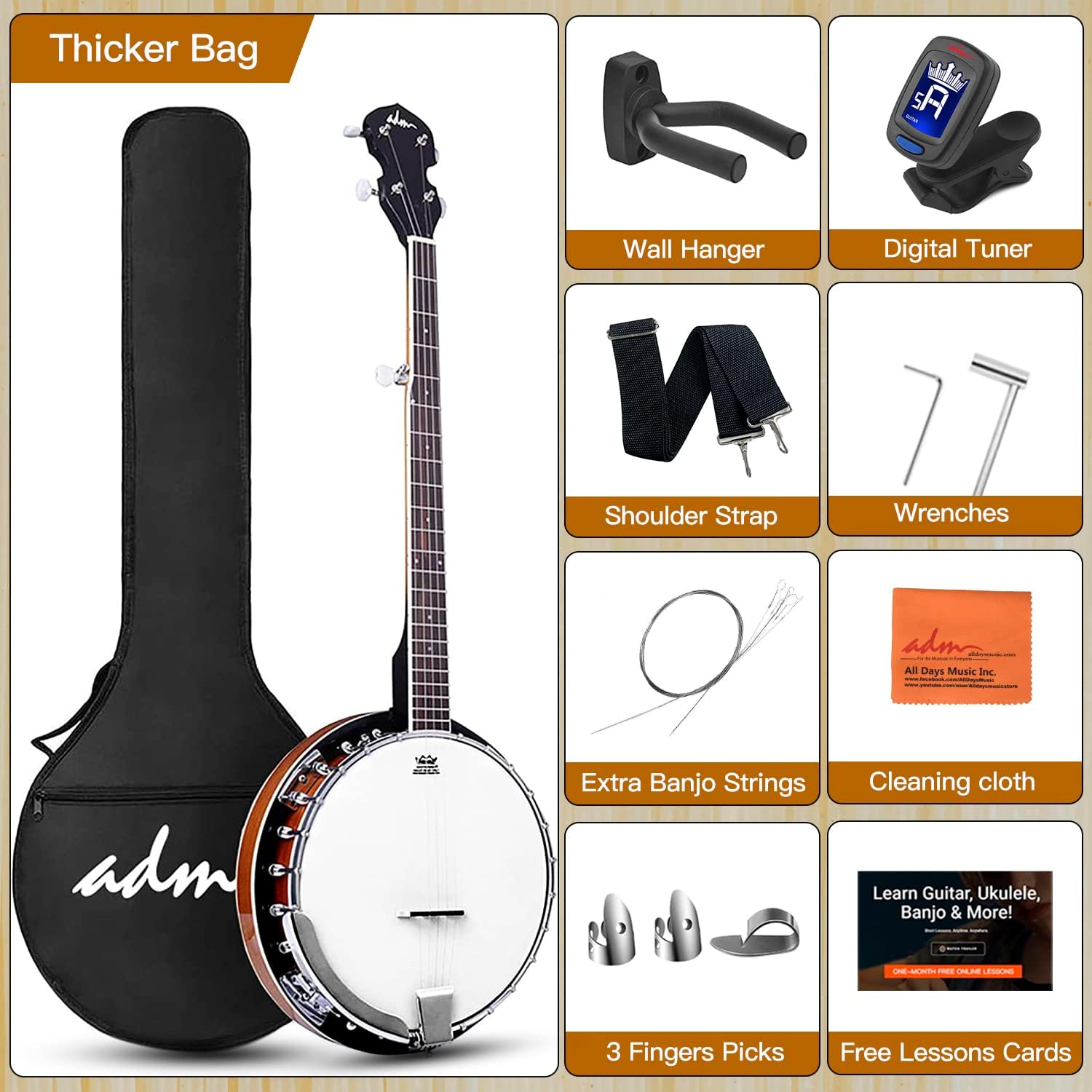 ADM Banjo 5 String Full Size Banjoes Set, 38 Inch Beginner Banjo Kit with Resonator, Remo Drum Head, Open or Closed Back, Gift Package Free Lessons Starter Accessories for Adults Teenager, Brown